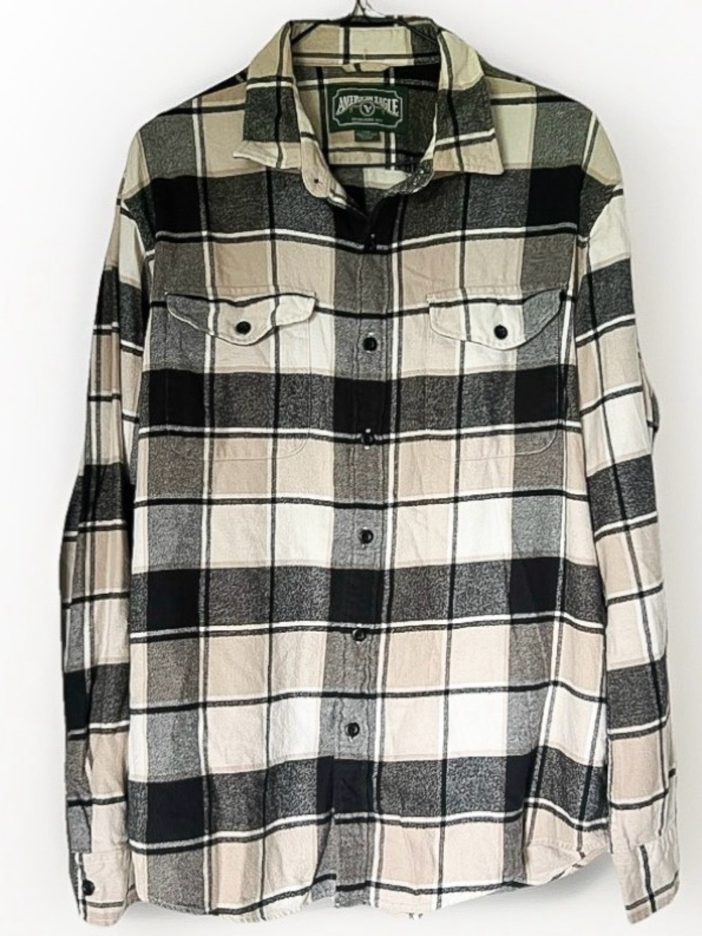 American Eagle Black Tan Plaid Flannel Casual Button Down Shirt Size Large Fall